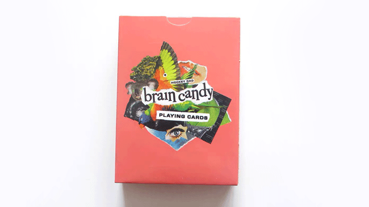 Coral Brain Candy playing-card tuck box with colorful collage artwork and black-and-white lettering.