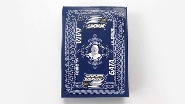 Georgia Southern playing-card tuck box in navy blue with eagle logos and an ornamental white border.