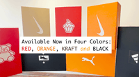 Magic Box drawer boxes in red, orange, kraft and black with decorative stickers