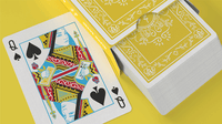 Black Roses Sunny Days playing cards showing yellow floral card backs beside the Queen of Spades