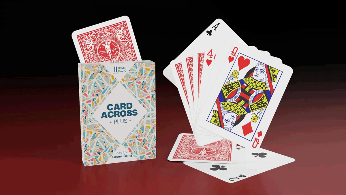 Card Across Plus by IARVEL MAGIC packaging with red-backed playing cards and a fan of card faces.