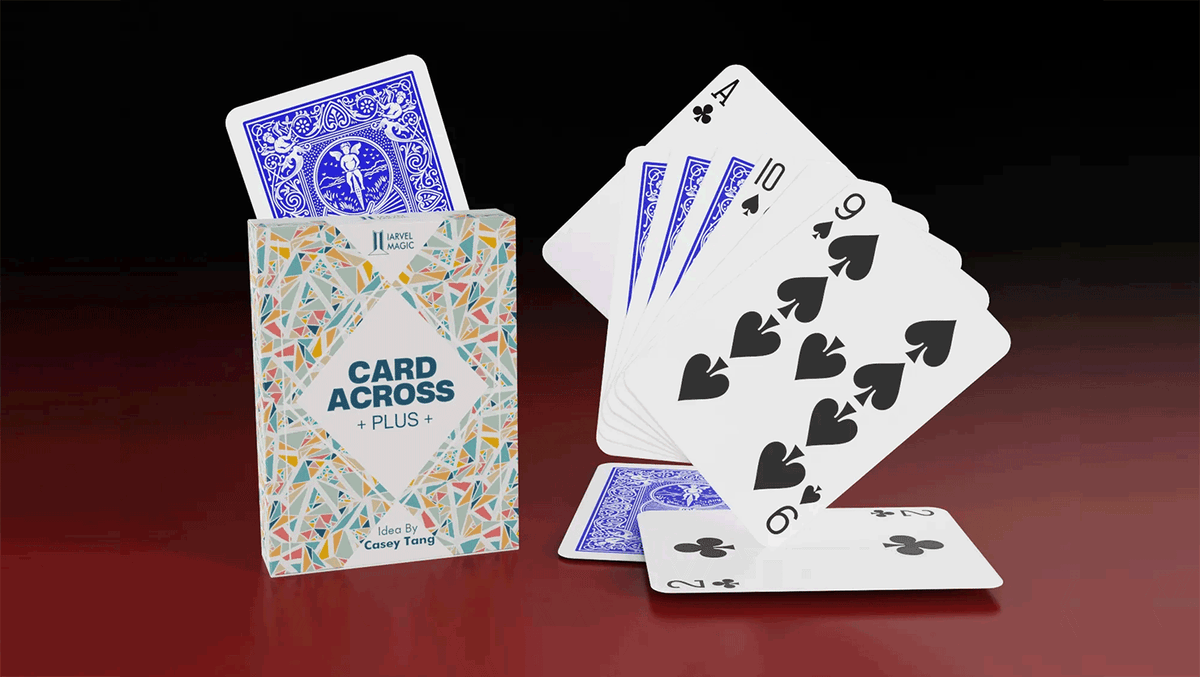 Card Across Plus by IARVEL MAGIC packaging with blue-backed playing cards and a fan of spade cards