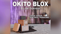 Okito Blox by Joel Dickinson showing stacked cube-and-box magic props with a black drawstring bag