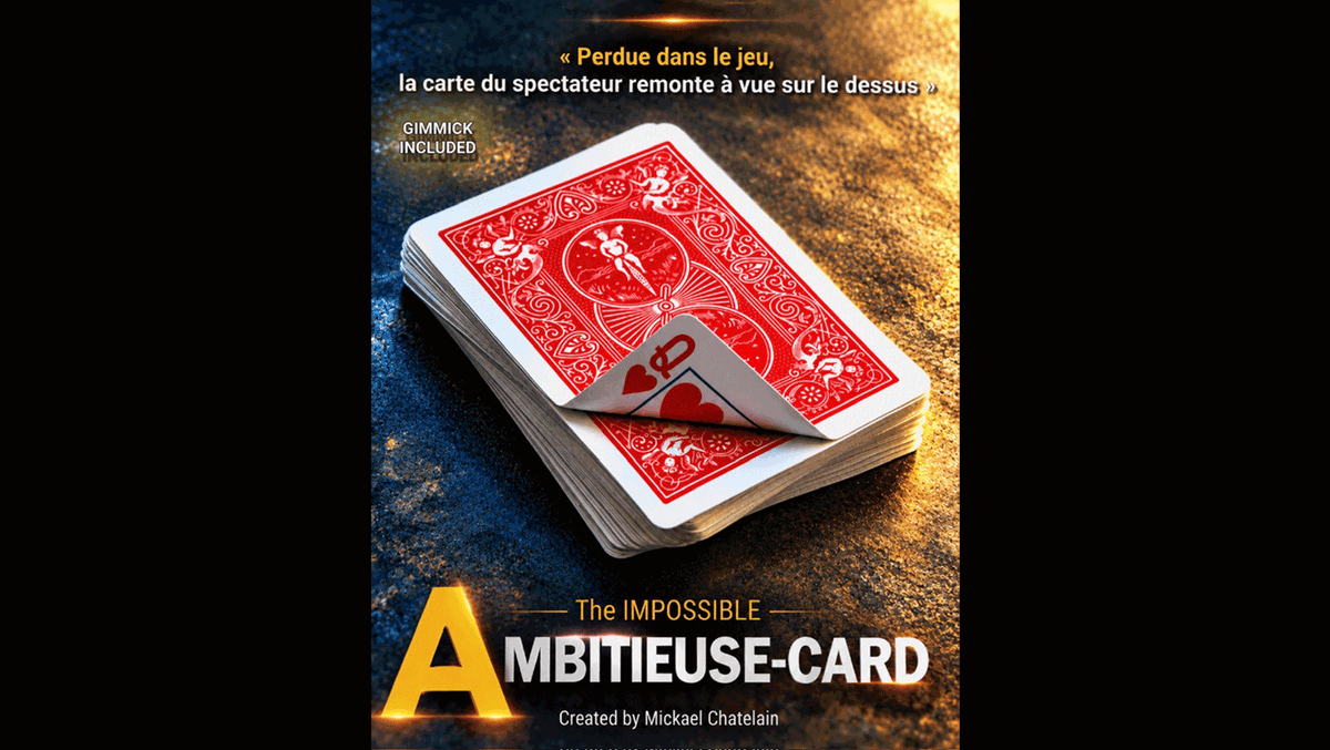 Impossible Ambitieuse Card promotional image showing a red-backed deck with a folded corner revealing the queen of hearts.