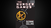 The Hunger Games book test cover with white title lettering, a gold mockingjay emblem, and Suzanne Collins’s name