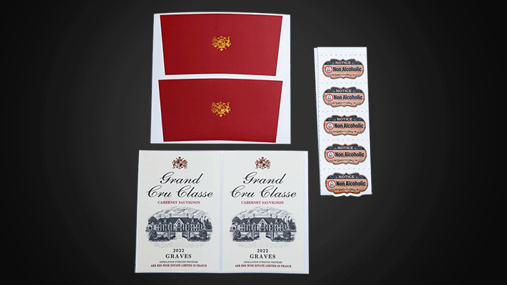 Miracle Wine Bottles replacement sticker sheets showing wine labels, red cap seals and non-alcoholic notices
